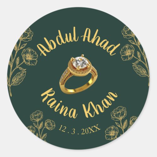 Emerald and Gold Floral Engagement Ring  Classic Round Sticker