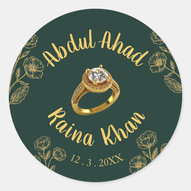 Emerald and Gold Floral Engagement Ring  Classic Round Sticker (Front)