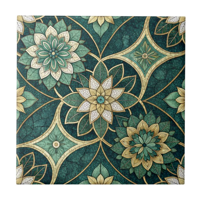 Emerald and Gold Floral Mandala - Ornamental Ceramic Tile (Front)