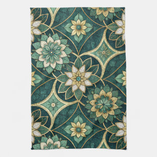 Emerald and Gold Floral Mandala - Ornamental Kitchen Towel