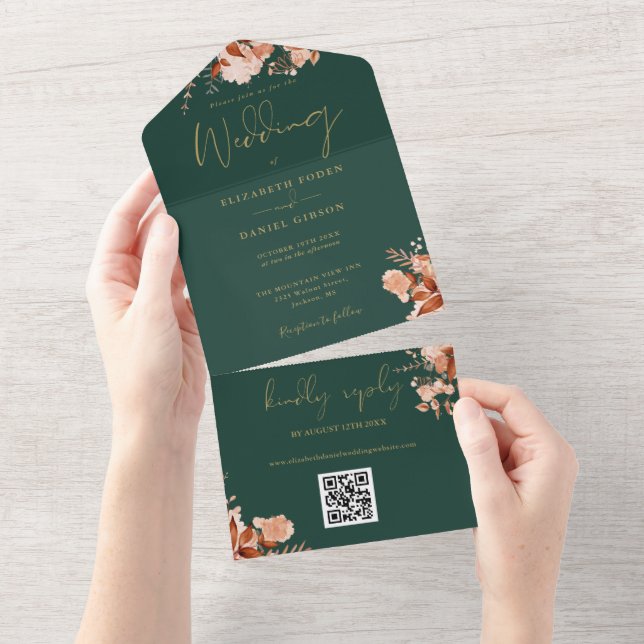 Emerald And Gold Floral QR Code Fall Wedding All In One Invitation (Tearaway)