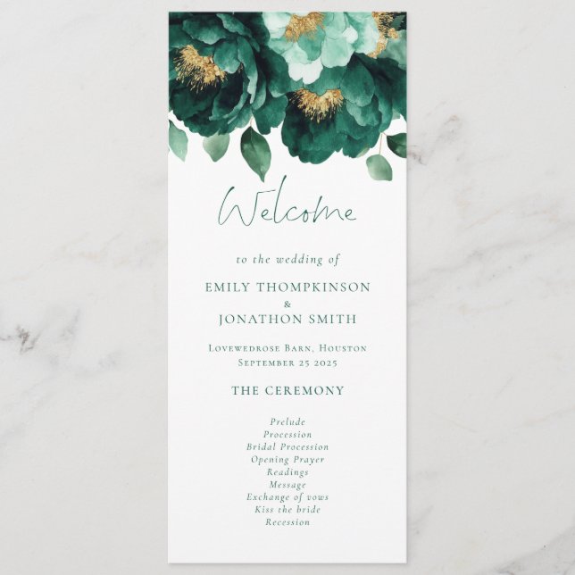 Emerald and Gold Florals Wedding Program (Front)