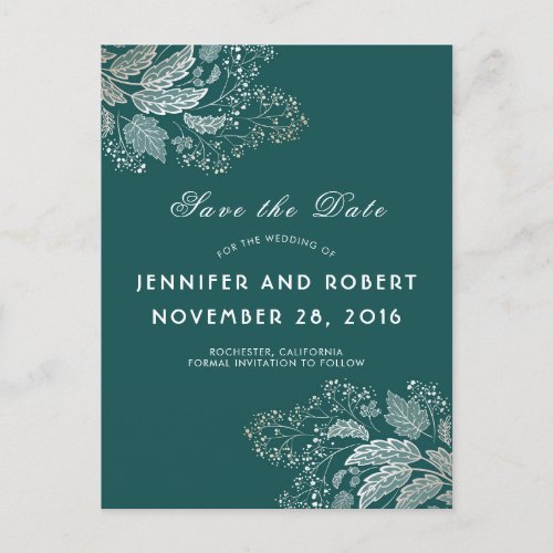 Emerald and Gold Foliage Elegant Save the Date Announcement Postcard - Gold effect foliage and teal background color elegant save the date postcards