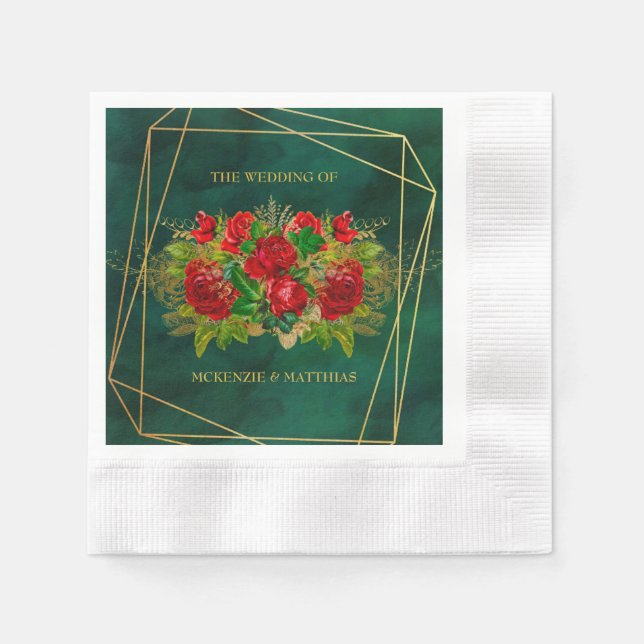 Emerald and Gold Geometric With Red Florals Napkins (Front)