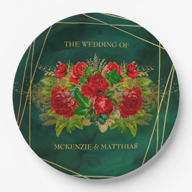 Emerald and Gold Geometric With Red Florals Paper Plates (Front)