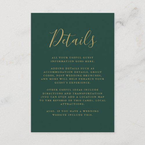 Emerald And Gold Guest Information Script Details Enclosure Card