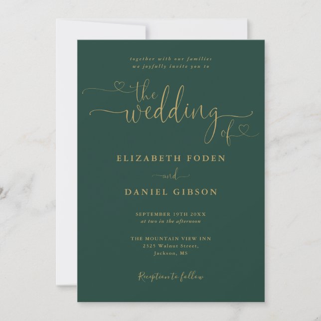 Emerald And Gold Heart Script QR Code Wedding Invitation (Front)
