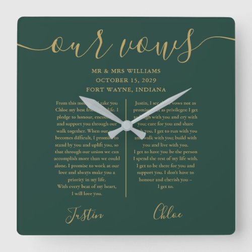 Emerald And Gold His And Hers Wedding Vows Square Wall Clock