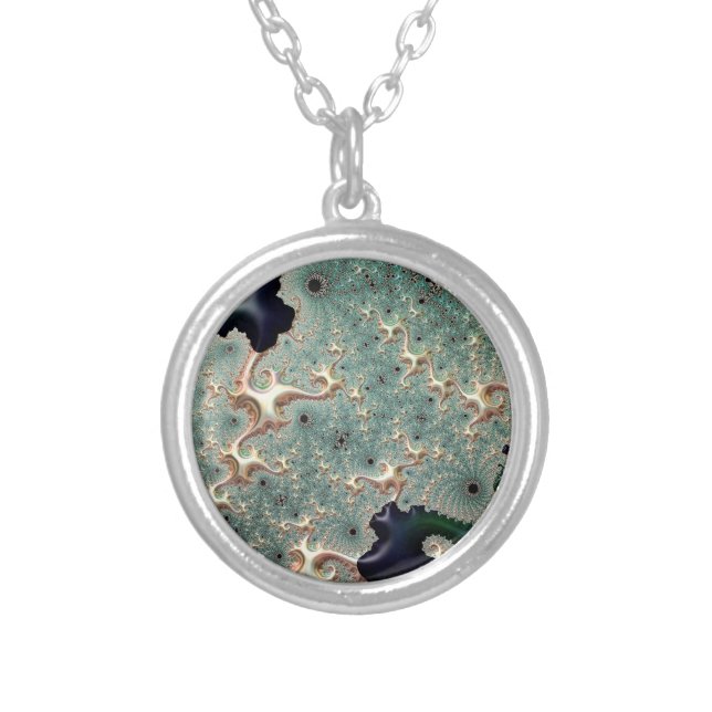 Emerald and Gold Mandelbrot   Silver Plated Necklace (Front)