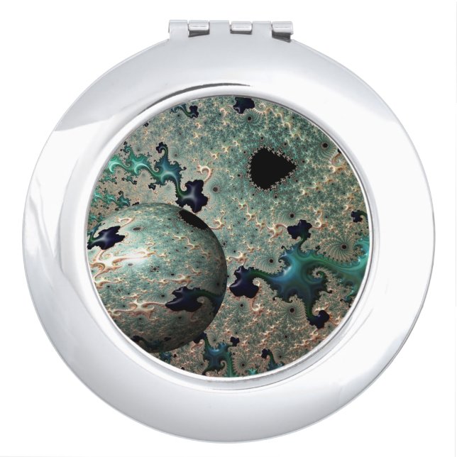 Emerald and Gold Mandelbrot Sphere Compact Mirror (Front)