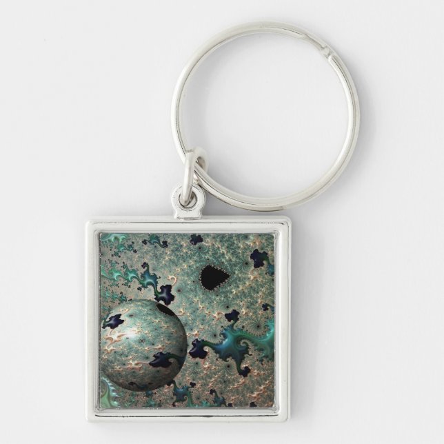 Emerald and Gold Mandelbrot with Sphere Key Ring (Front)