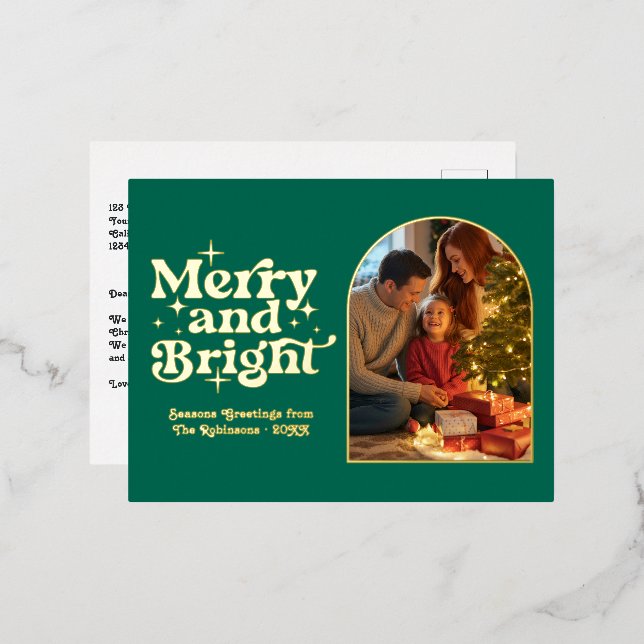 Emerald and Gold Merry and Bright Retro Christmas Foil Holiday Postcard (Front/Back)