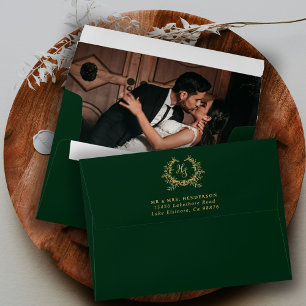 Emerald and Gold Monogram Crest Wedding Photo Envelope