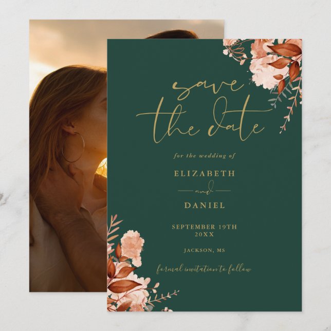 Emerald And Gold Rustic Floral Photo Fall Wedding Save The Date (Front/Back)