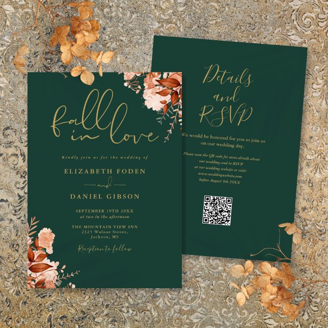Emerald And Gold Rustic Floral QR Code Wedding Invitation (Emerald And Gold Rustic Floral QR Code Wedding Invitation)