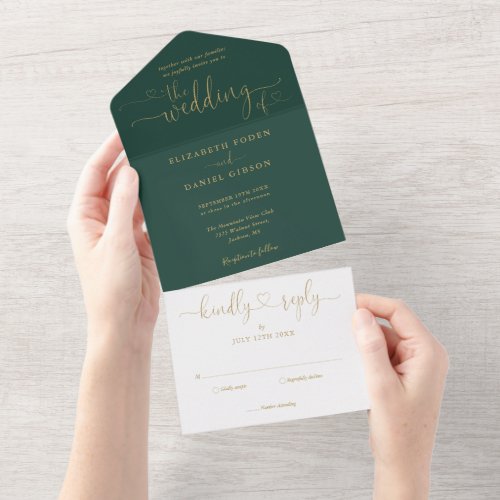 Emerald And Gold Script Hearts Minimalist Wedding All In One Invitation