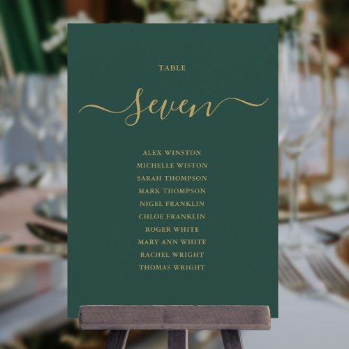 Emerald And Gold Script Table Number Seating Chart