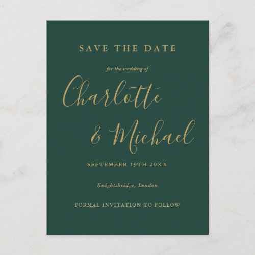 Emerald And Gold Script Wedding Save the Date Card