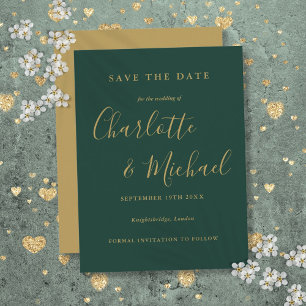 Emerald And Gold Script Wedding Save the Date Card