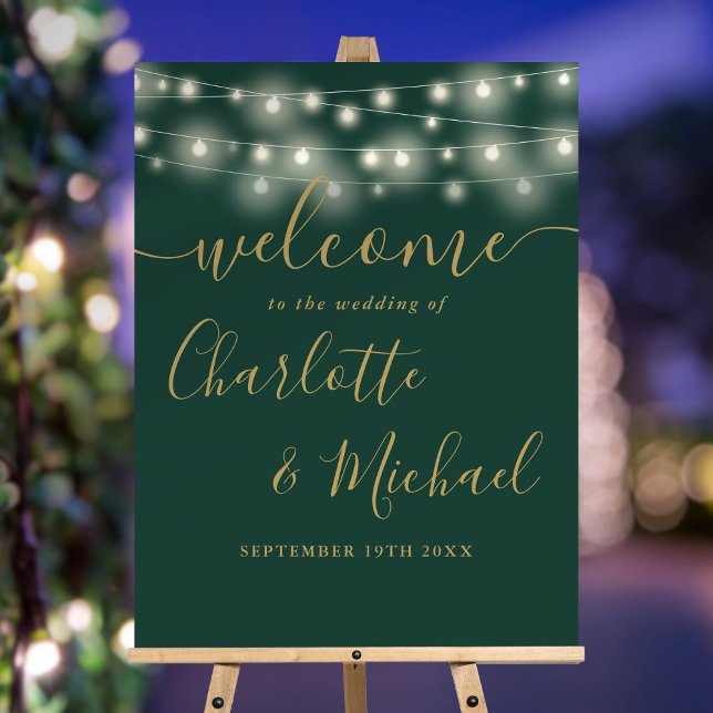 Emerald And Gold String Lights Wedding Welcome Sig Foam Board (Emerald And Gold String Lights Wedding Welcome Sig Foam Board)