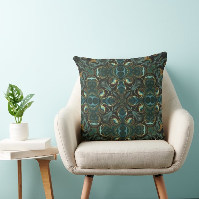 Emerald and Gold Symmetrical Abstract Mandala Throw Pillow (Chair)