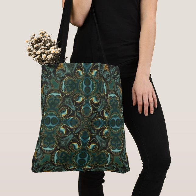 Emerald and Gold Symmetrical Abstract Mandala Tote Bag (Close Up)