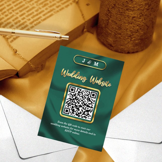Emerald and Gold Wedding Website QR Code Custom   Enclosure Card (Creator Uploaded)