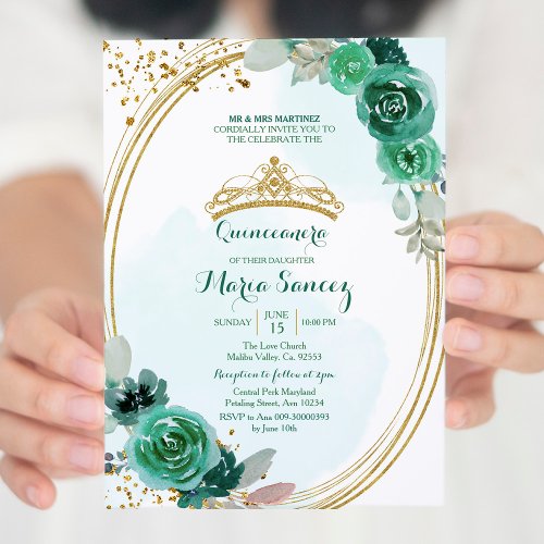 Emerald and Hunter Green Roses Quinceanera Invitation