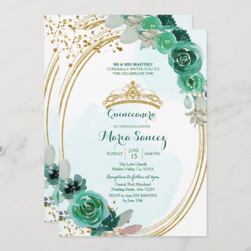 Emerald and Hunter Green Roses Quinceanera Invitation