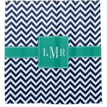 Emerald And Navy Chevrons Monogram Shower Curtain by heartlockedhome at Zazzle