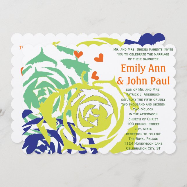 Emerald and Navy  Modern Succulent Wedding Invite (Front/Back)