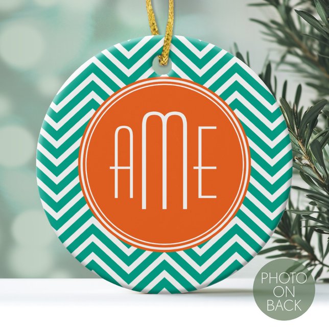 Emerald and Orange Chevrons Custom Triple Monogram Ceramic Ornament (Personalized Photo Ornament with Monogram)
