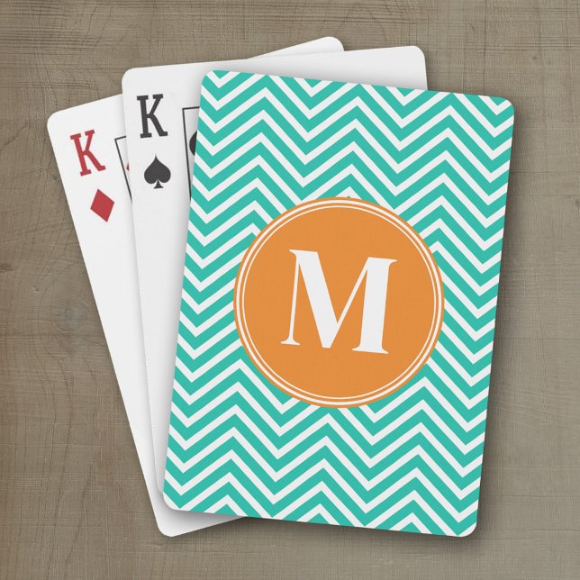 Emerald and Orange Chevrons Custom Triple Monogram Poker Cards (Personalized playing cards with monogram or custom text)