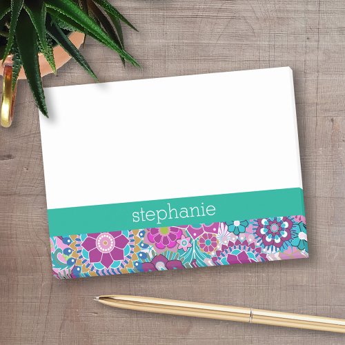 Emerald and Pink Floral Pattern _ Add Your Name Post_it Notes