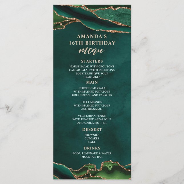 Emerald and Rose Gold Menu (Front)