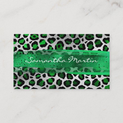 Emerald and Silver Foil Leopard Brush Stroke Business Card