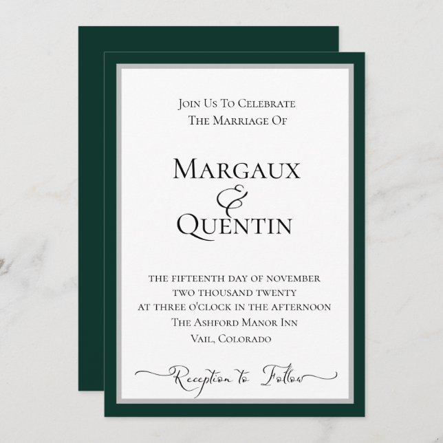 Emerald and Silver Frame Wedding Invitation (Front/Back)