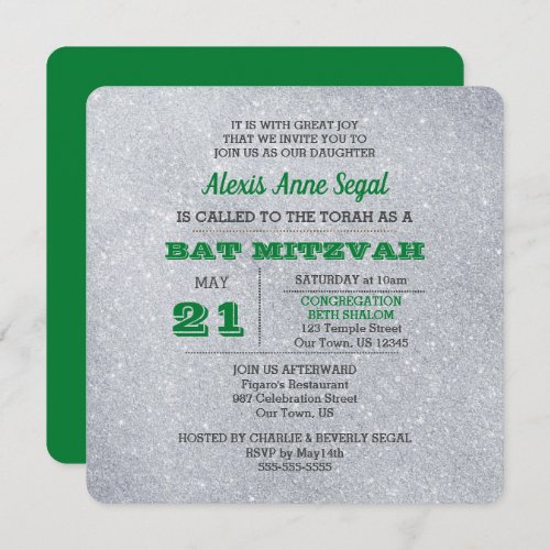 Emerald and Silver Glitter Glam Bat Mitzvah Invitation