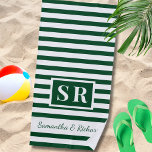 Emerald And White Striped Monogram Wedding Couple Beach Towel<br><div class="desc">Celebrate the couple with a bold and stylish wedding gift they’ll love to use on their honeymoon and beyond. This personalized emerald green and white striped towel features a modern layout with custom monogram initials and the couple’s names. Perfect for beach weddings, romantic getaways, or destination honeymoons. Just personalize to...</div>