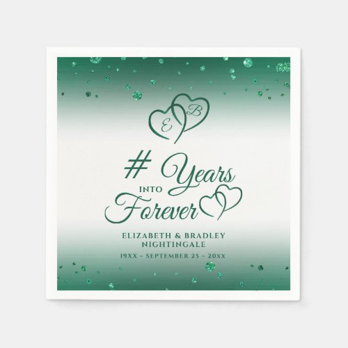 Emerald Anniversary Hearts YEARS INTO FOREVER Napkins - Celebrate an emerald wedding anniversary (20th, 35th or 55th) with these personalized party napkins featuring an elegant calligraphy script typography design of # YEARS INTO FOREVER for the number of years married accented with interlocking linked hearts with monogram initials and glitter confetti against an emerald green faux brushed metallic background. Contact the designer via Zazzle Chat or makeitaboutyoustore@gmail.com if you'd like this design modified, on another product or would like coordinating items.