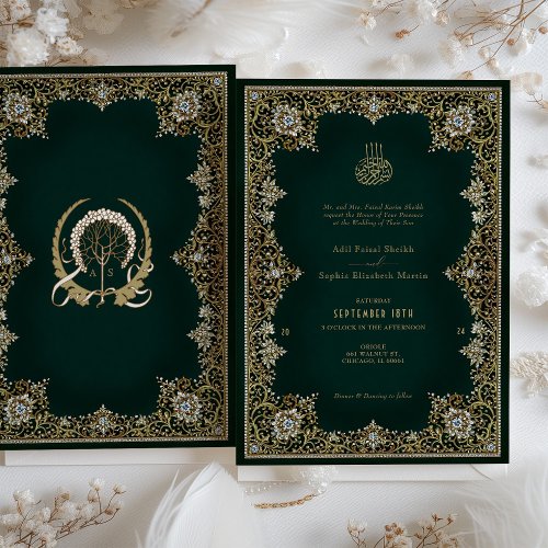 Emerald Antique Gold  Jeweled Islamic Wedding Invitation