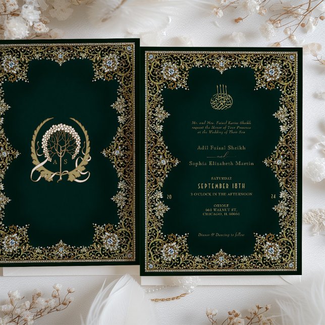 Emerald Antique Gold & Jeweled Islamic Wedding Invitation (Creator Uploaded)