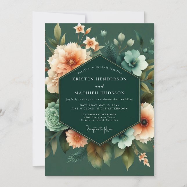 Emerald Apricot Artful Wedding Invitation (Front)
