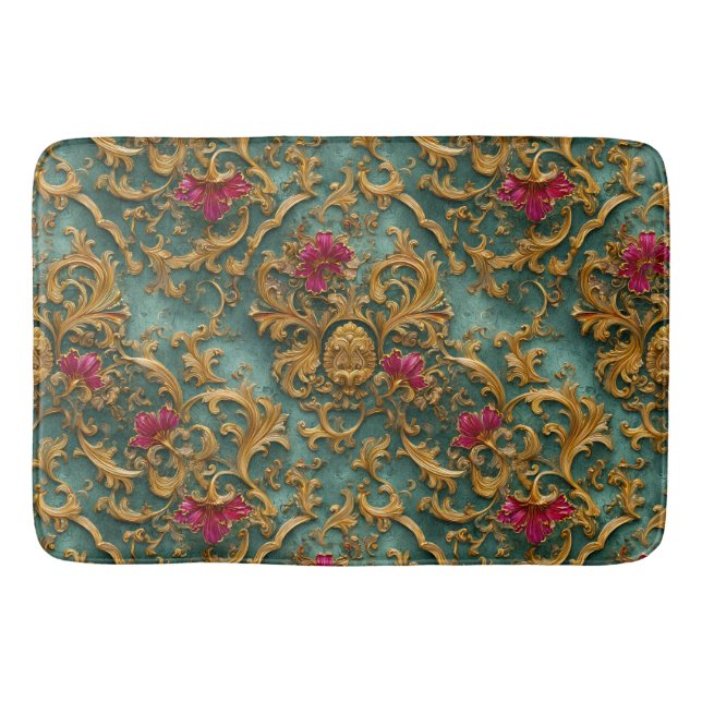Emerald Baroque Floral with Gold Ornaments Bath Mat (Front)