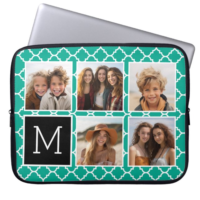 Emerald & Black Instagram 5 Photo Collage Monogram Laptop Sleeve (Front)