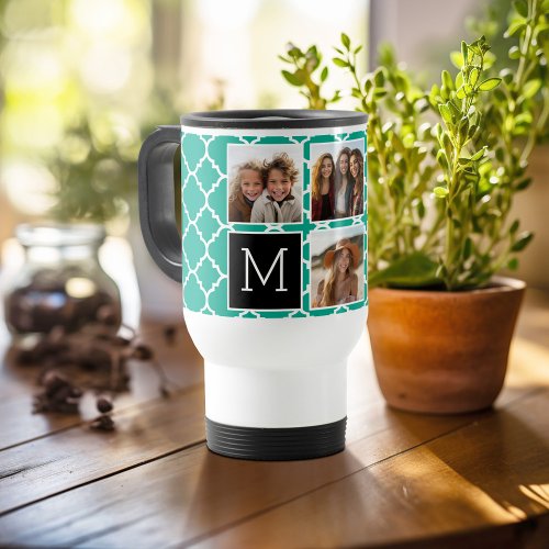 Emerald  Black Instagram 5 Photo Collage Monogram Travel Mug