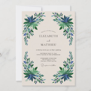 Emerald Blue Floral Flourish Wedding Invitation
