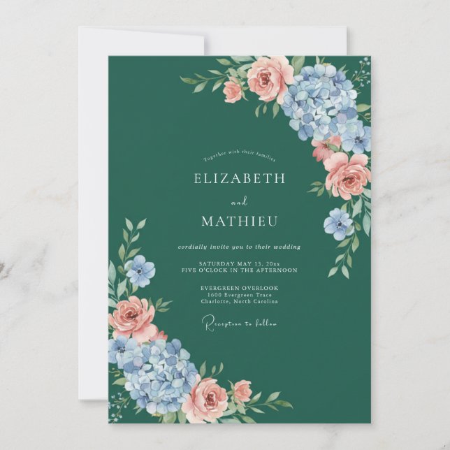 Emerald Blue Floral Watercolor Wedding Invitation (Front)