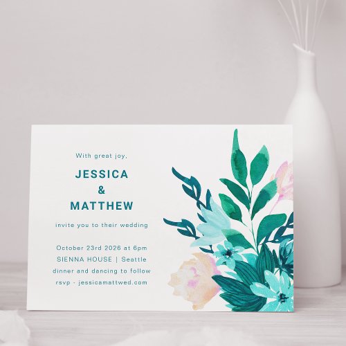 Emerald Blue Watercolor Floral Minimalist Wedding Invitation