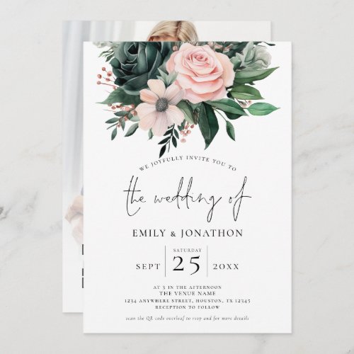 Emerald Blush Floral Photo Overlay QR Code Wedding Invitation